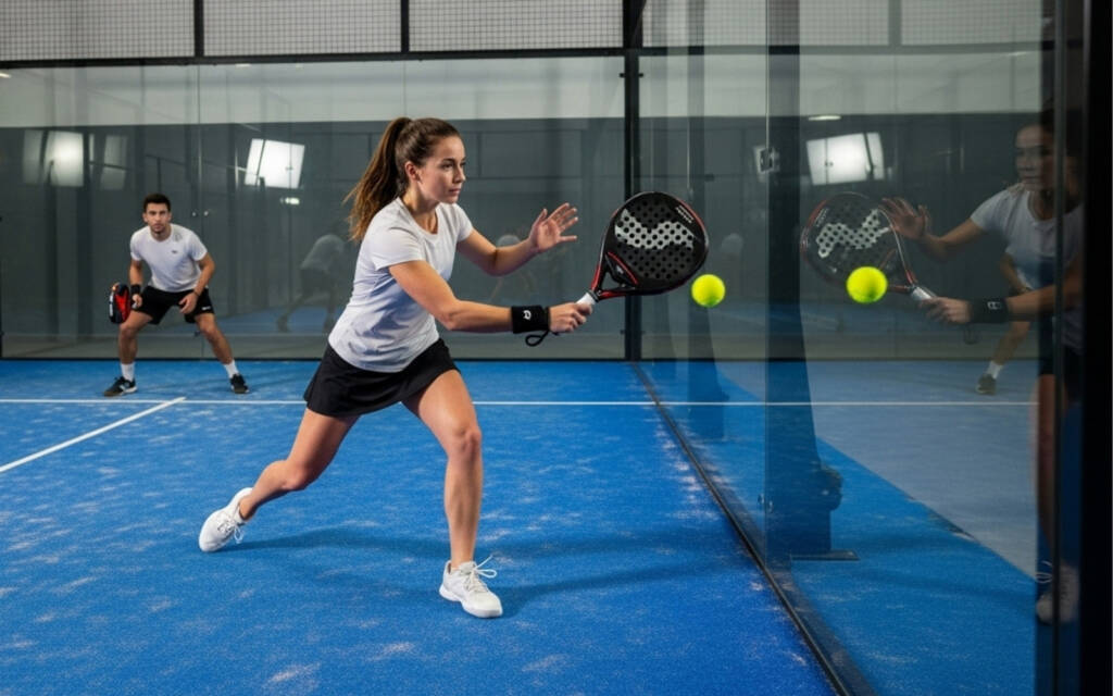 ragazza effettua colpo in unscita di parete durante partita di padel