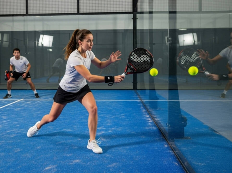 ragazza effettua colpo in unscita di parete durante partita di padel