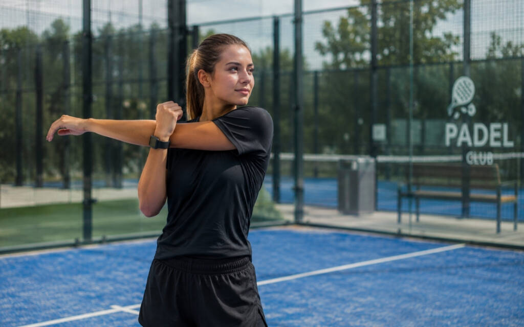 ragazza su campo da padel fa stretching per le spalle dopo una partita