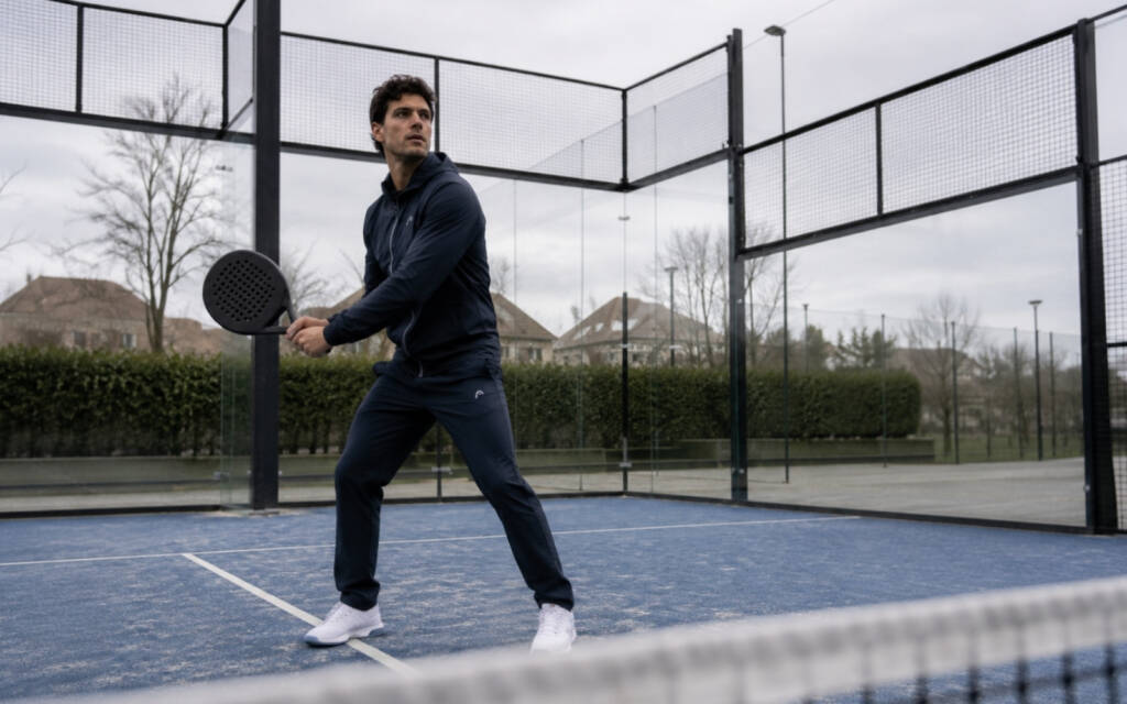 ragazzo gioca a padel in inverno con giacca a vento e pantaloni lunghi
