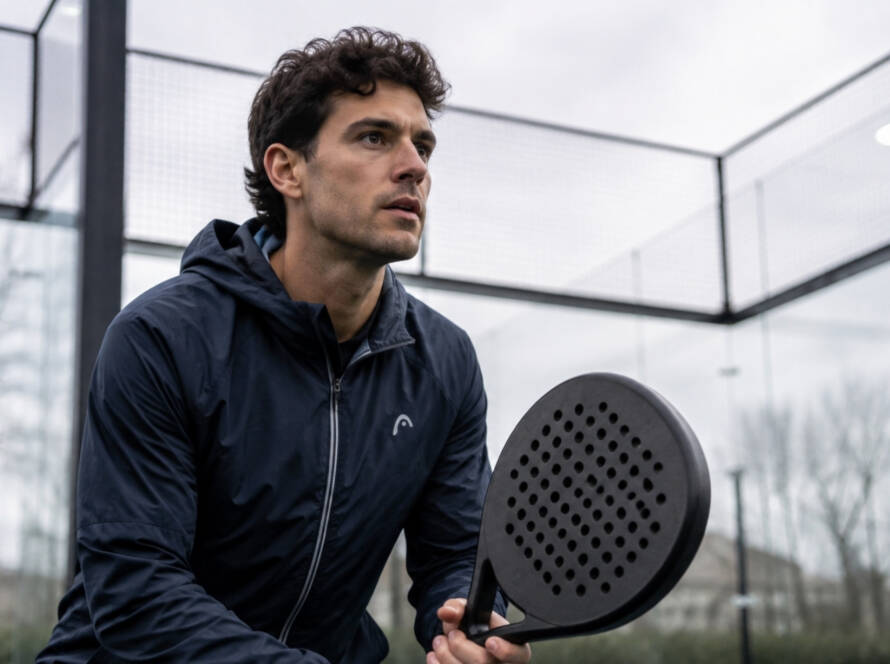 ragazzo gioca a padel in inverno con giacca a vento
